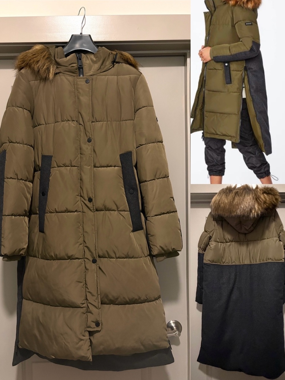 Bernardo Outdoorsy Wool Combo Puffer Coat Fur Trim Collar Green/Black